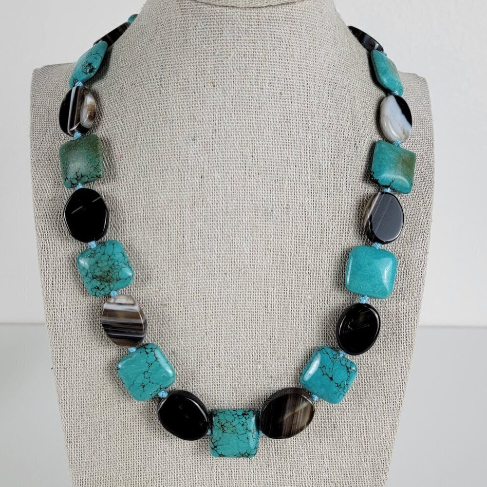 Hand Knotted Banded Agate And Turquoise Stone Beaded Necklace 21 In